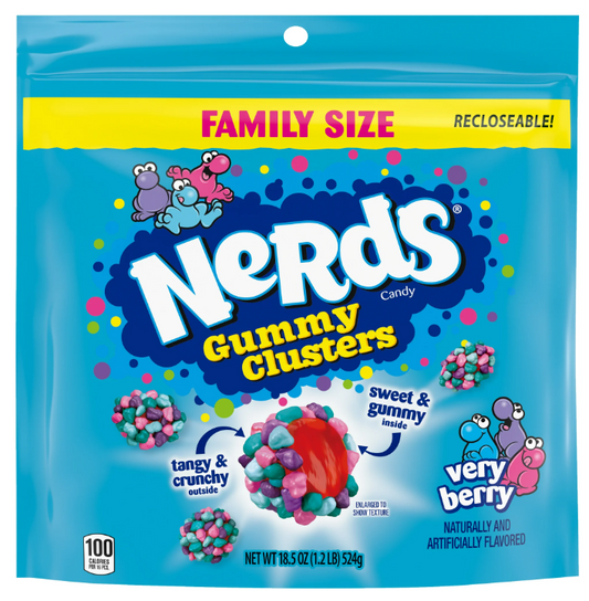 NERDS Gummy Clusters Very Berry, Crunchy and Gummy Candy, 18.5 oz, Recloseable Family Size Bag